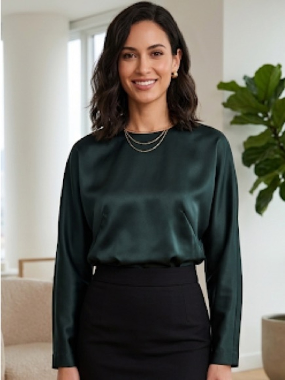 Dark hunter green silk woman’s top size M elegant